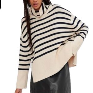GAP oversized split hem Cream and navy blue Striped Turtleneck Sweater